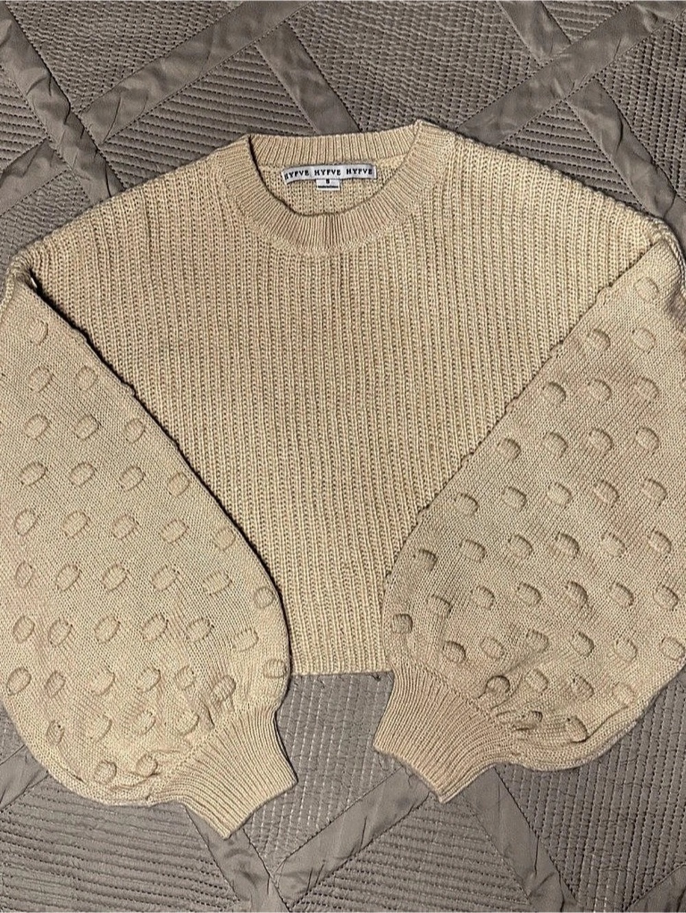 Free People Textured Puff Sleeve Sweater in Beige
